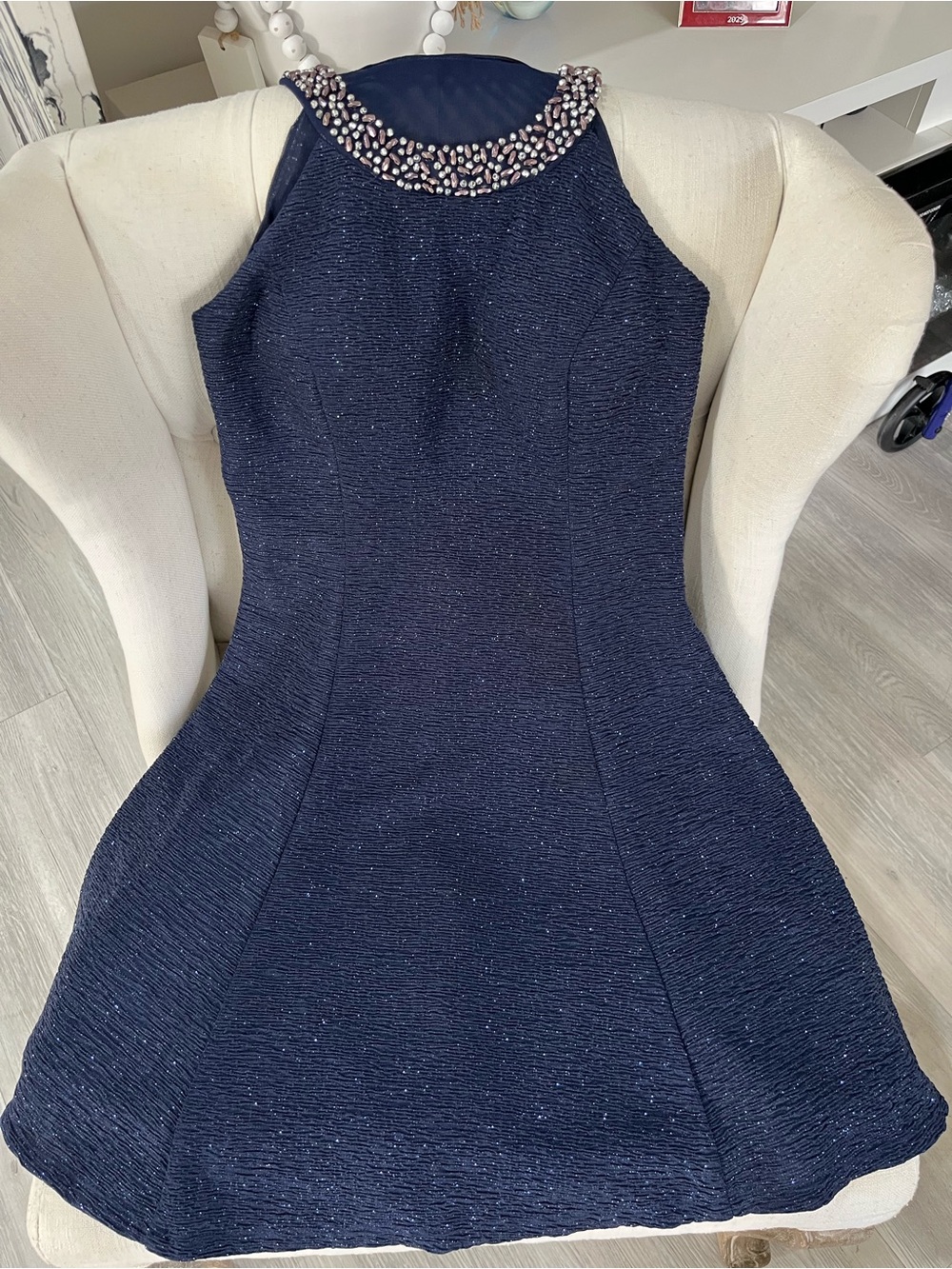 Betsy & Adam Navy One-Shoulder Beaded Neckline Dress